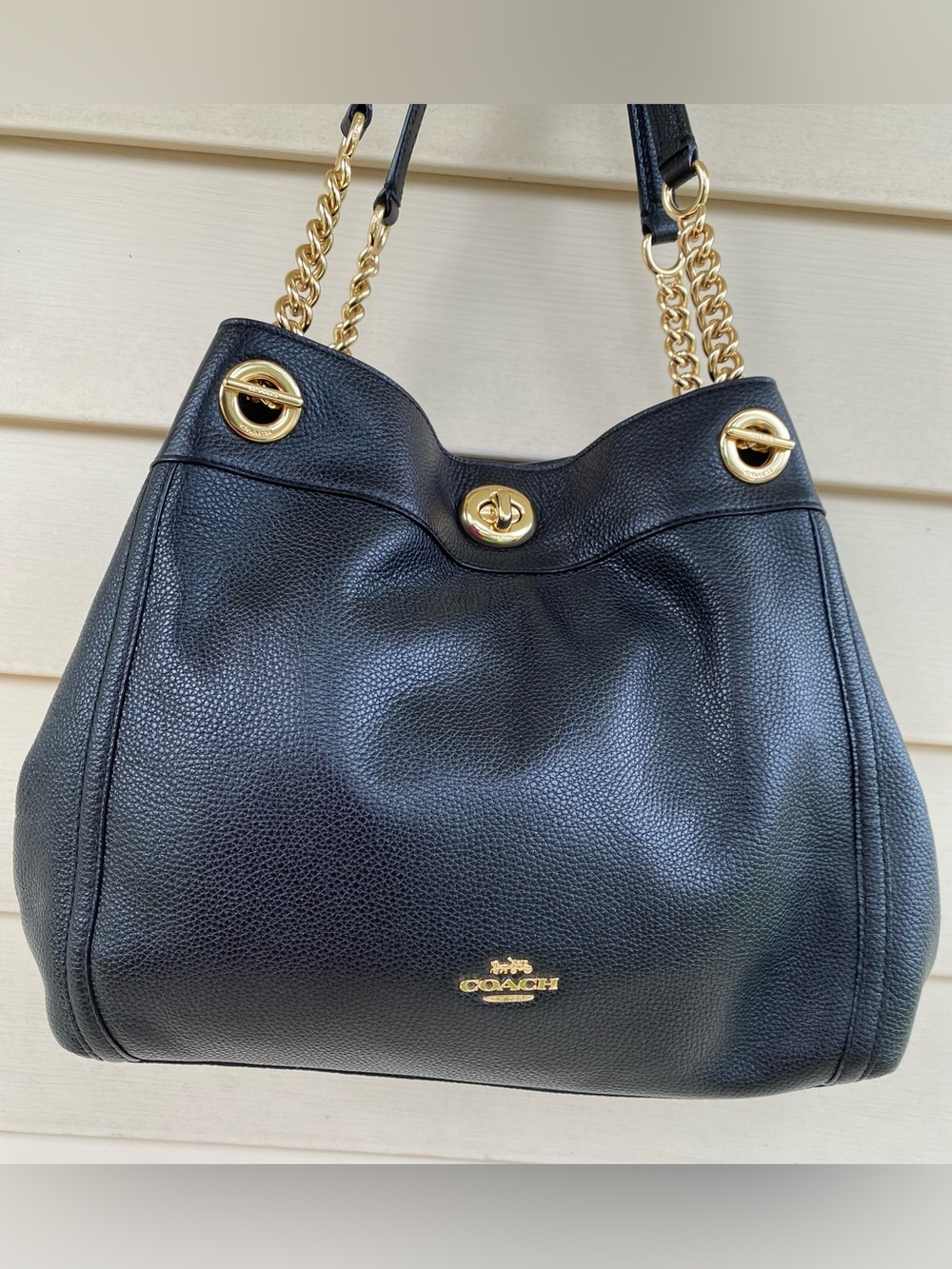 Coach Edie Turnlock Black Pebbled Leather Shoulder Bag with Gold Accents LNC!